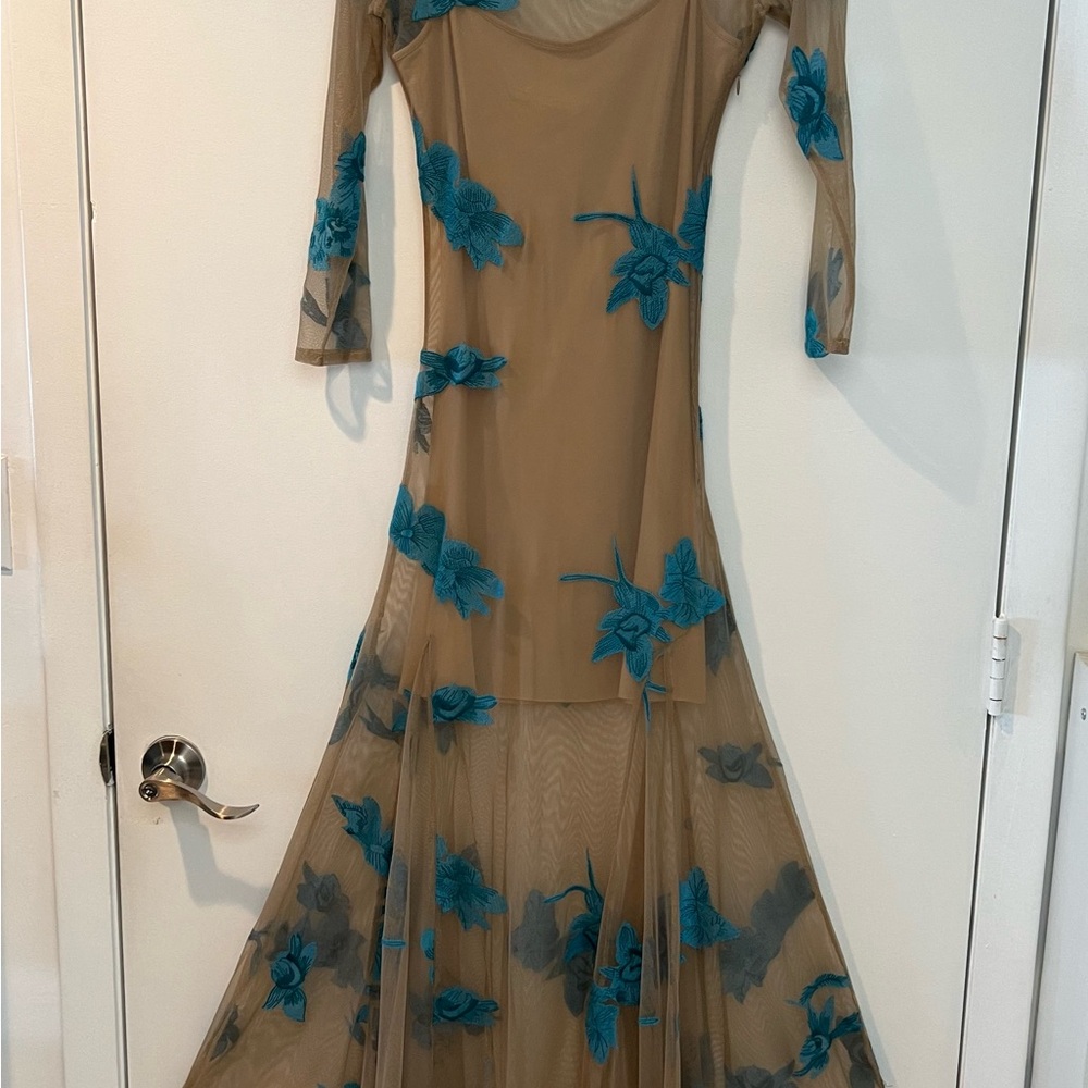 Elegant Tan and Blue Floral Dress